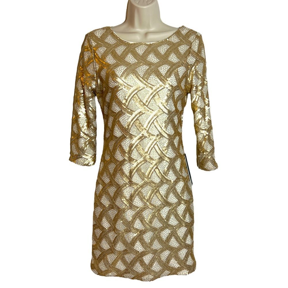New As U Wish All Over Gold and Cream Sequin Dress Women's Large